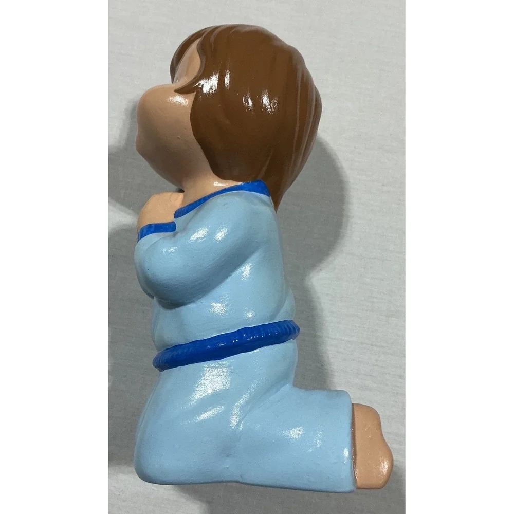 Vintage Praying Boy Figurine Blue Pajamas Kneeling Ceramic Chalkware Japan